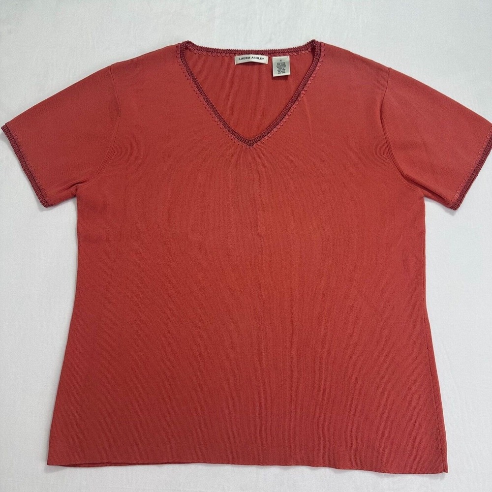 Laura Ashley Womens S V-Neck Rust Red Knit Top With Crochet Trim Rayon/Nylon Ble